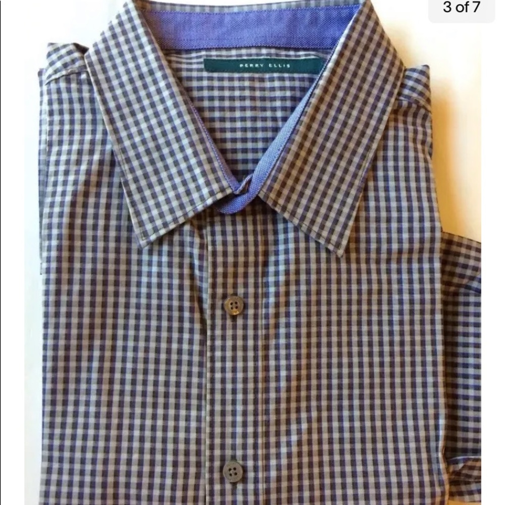 Perry Ellis Men Dress Shirt Purple Check print Long Sleeve XL Cotton